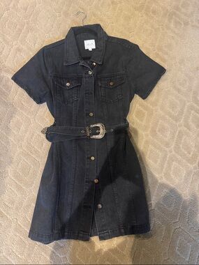 Le Lis Black Denim Mini Dress with Western Buckle